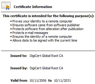 Screenshot des DigiCert Root CA Zertifikats