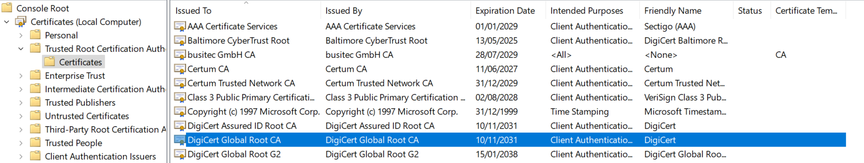 DigiCert Coot CA in den Trusted Root CAs von Windows